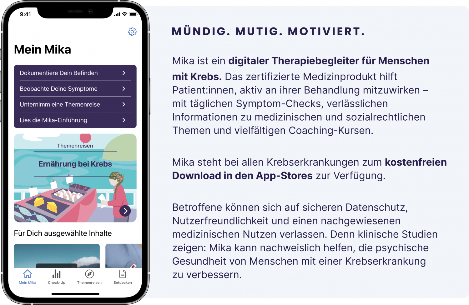 Smartphone mit Erläuterungstext zur App Mein Mika