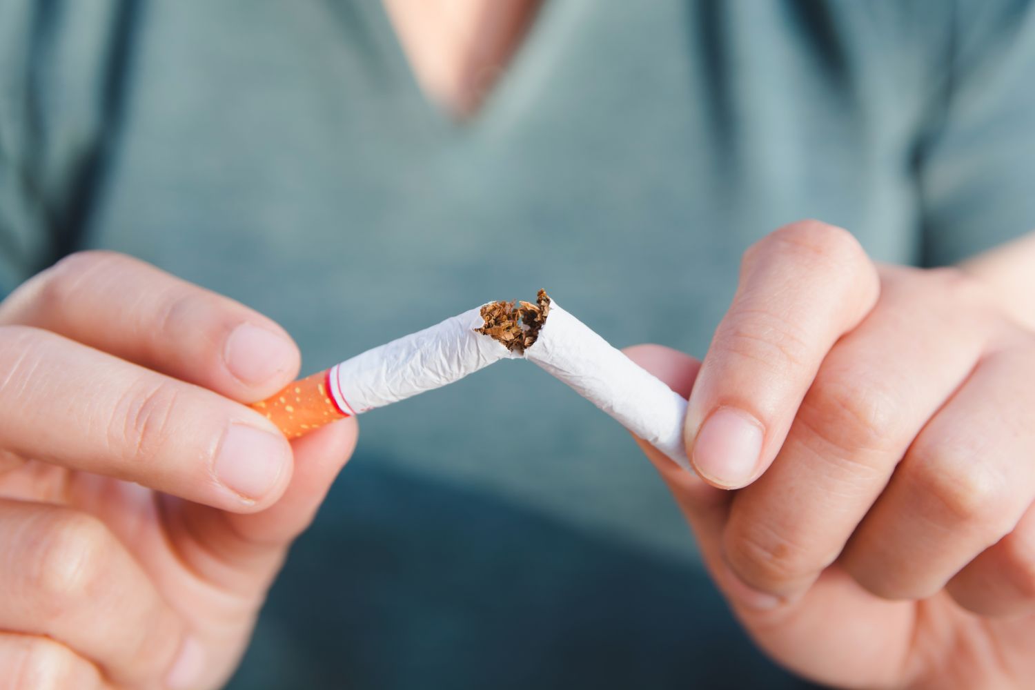 Person bricht Zigarette in der Mitte durch. Thema: COPD und Lungenkrebs
